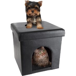 Pet House Ottoman - Collapsible Multipurpose Small Dog or Cat Bed Cube and Footrest with Cushion Top and Interior Pillow by PETMAKER (Microsuede Tan)