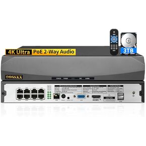 مسجل شبكة OOSSXX POE NVR فيديو 4K / 8.0 ميجابيكسل 8 قنوات، يدعم ما يصل إلى 8 × 8 ميجابكسل/4K كاميرات IP، محرك أقراص ثابتة سعة 2 تيرابايت