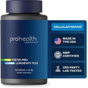 ProHealth Fisetin Pro Longevity-15X امتصاص أفضل من مزيج البوليفينول + زيت MCT. تم اختباره من قبل طرف ثالث نقي. صُنعت في الولايات المتحدة الأمريكية. مضادات الأكسدة القوية + الحالة للشيخوخة. مكمل الفيسيتين 125 مجم × 60 وجبة