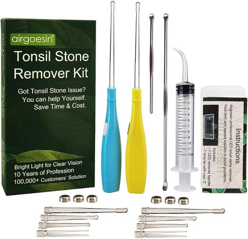 Airgoesin™ 2 Lighted Tonsil Stone Remover, 10 Tips, Blue + Yellow, with Tonsillolith Pick Case + Irrigator Clean in Kuwait