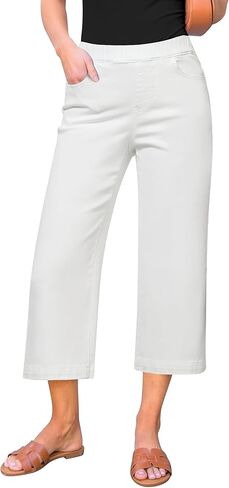 GRAPENT Capri Jeans for Women Wide Leg High Waisted Pull On Trendy Stretchy Denim Elastic Waist Jean Pants with Pockets in Kuwait