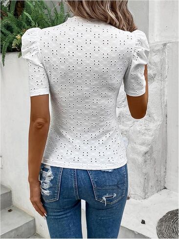 WDIRARA Women's Eyelet Embroidery Mock Neck Puff Short Sleeve Tee Summer T Shirt Tops in Saudi Arabia