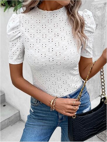 WDIRARA Women's Eyelet Embroidery Mock Neck Puff Short Sleeve Tee Summer T Shirt Tops in Saudi Arabia