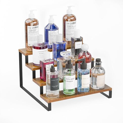 3 Tier Display Riser Stand,Tiered Perfume and Cologne Organizer Stand,wood retail display shelves,Tiered Countertop Display Shelf for Makeup, Figure, Bottles, Jars,Cupackes,Metal Frame(Black) in Kuwait