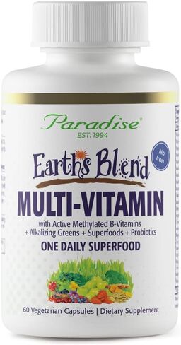 Paradise Earth's Blend Multivitamin, with Iron, One Daily Superfood, Stress & Energy Adaptogens, Probiotics for Gut Health, Immune Boosting Mushrooms, Non-GMO, Gluten Free, 120Vegetarian Capsules in Saudi Arabia