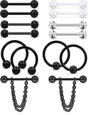 Hoeudjo 14Pcs 14G Surgical Steel Chain Dangle Nipple Rings Barbell Piercing Jewelry Retainer for Women in Saudi Arabia