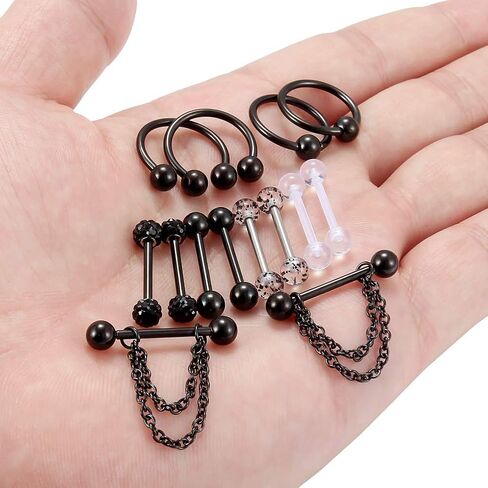Hoeudjo 14Pcs 14G Surgical Steel Chain Dangle Nipple Rings Barbell Piercing Jewelry Retainer for Women in Saudi Arabia