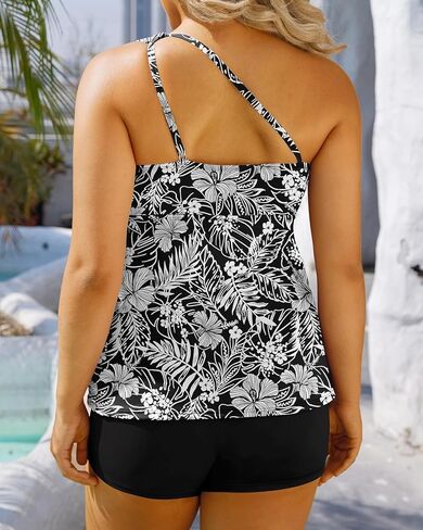 Daci Women Plus Size Tankini Swimsuit Two Piece Tummy Control Bathing Suits One Shoulder Swimwear with Shorts in Kuwait