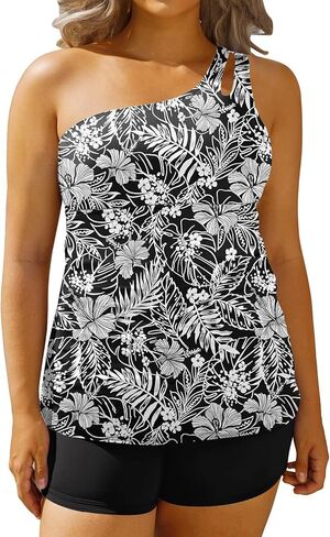 Daci Women Plus Size Tankini Swimsuit Two Piece Tummy Control Bathing Suits One Shoulder Swimwear with Shorts in Kuwait