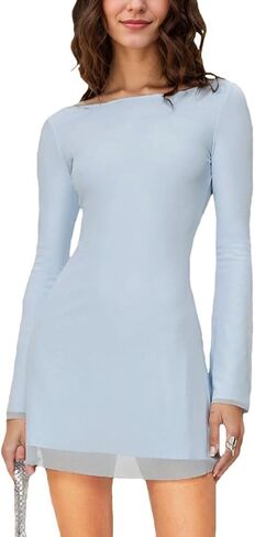 Women Sexy Boat Neck Backless Mesh Mini Dress Solid Slim Fit Bell Long Sleeve Self Tie Back Sheer Short Dresses in Kuwait