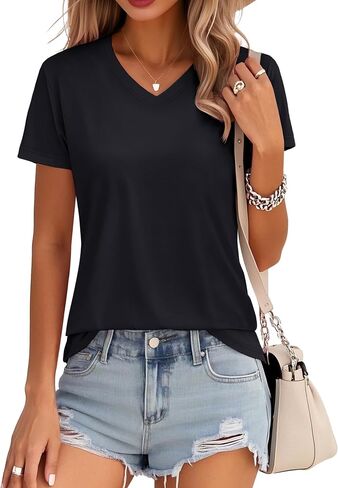 MAGCOMSEN Women's Cotton T Shirt V-Neck Short Sleeve Shirt Classic-Fit Casual Breathable Tee Summer Basic Tops in Kuwait