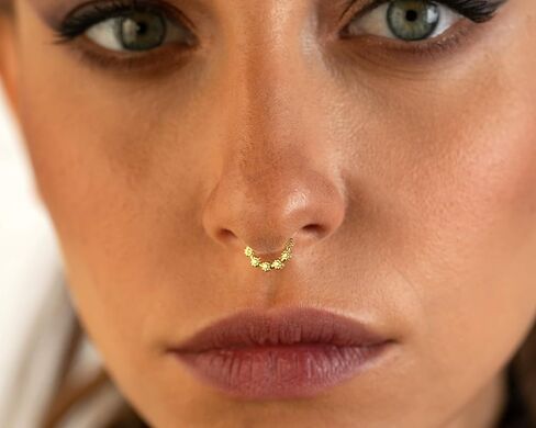 Gold Daith Earring, Indian Tribal Hoop Ear Piercing Jewelry, Flowers Shaped, fits also Rook, Septum, Cartilage, Helix and Tragus, 18g, Handmade by Alagia in Saudi Arabia