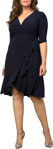 Kiyonna Whimsy Ruffled Midi Wrap Dress with Sleeves | Wrap Around Style with Ruffles | Cocktail, Party, Wedding Guest or Work | Magenta Size L (8-10) in Saudi Arabia