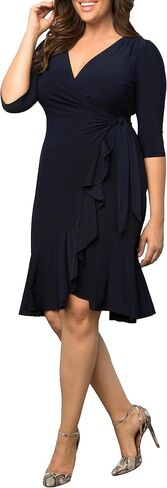 Kiyonna Whimsy Ruffled Midi Wrap Dress with Sleeves | Wrap Around Style with Ruffles | Cocktail, Party, Wedding Guest or Work | Magenta Size L (8-10) in Saudi Arabia