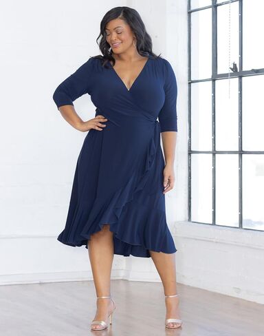 Kiyonna Whimsy Ruffled Midi Wrap Dress with Sleeves | Wrap Around Style with Ruffles | Cocktail, Party, Wedding Guest or Work | Magenta Size L (8-10) in Saudi Arabia