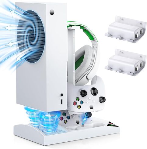 YUANHOT Vertical Cooling Stand Charging Station for Xbox Series S Console | Dual Fan Cooling System for Xbox Series S Accessories with 2Pack 1400mAh Rechargeable Battery for Controller, Headset Holder in Saudi Arabia