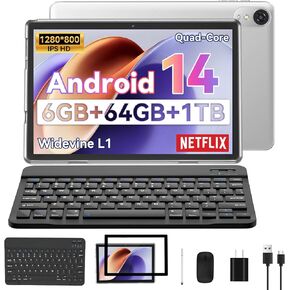 تابلت Android 13 مقاس 10 بوصة، 8 جيجابايت + 64 جيجابايت 1 تيرابايت توسيع، 2 في 1 أجهزة لوحية مع لوحة مفاتيح، حافظة، ماوس، قلم، شاشة لمس IPS 1280x800، 2.0 جيجا هرتز رباعي النواة، واي فاي 6، بلوتوث 5.0، كاميرا مزدوجة (رمادي)