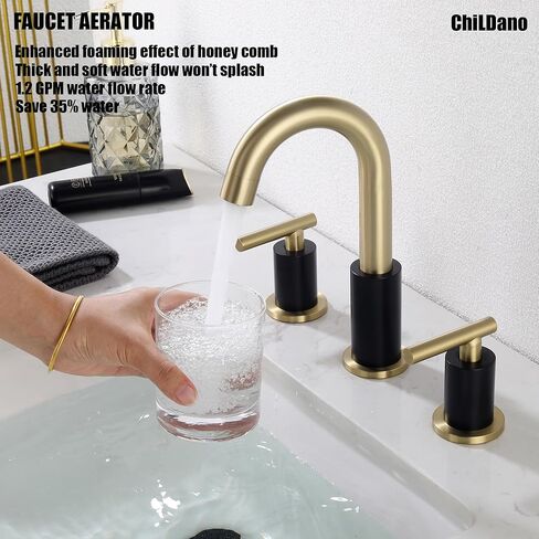 Brushed Gold Bathroom Faucet with Sink Drain and Supply Hose, 8 inch Widespread Bathroom Faucet 3 Hole, ChiLDano Gold Bathroom Faucet CH2183BG in Kuwait