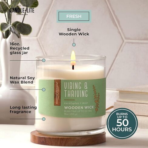 Essential Elements by Candle-lite Scented Jar Candles, Jasmine & Patchouli Fragrance, 16 oz Single Wooden Wick Aromatherapy Candle with 50 Hours of Burn Time, Holiday Gifting, and Celebration in Kuwait
