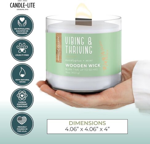 Essential Elements by Candle-lite Scented Jar Candles, Jasmine & Patchouli Fragrance, 16 oz Single Wooden Wick Aromatherapy Candle with 50 Hours of Burn Time, Holiday Gifting, and Celebration in Kuwait