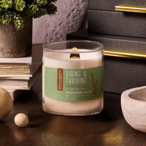 Essential Elements by Candle-lite Scented Jar Candles, Jasmine & Patchouli Fragrance, 16 oz Single Wooden Wick Aromatherapy Candle with 50 Hours of Burn Time, Holiday Gifting, and Celebration in Kuwait