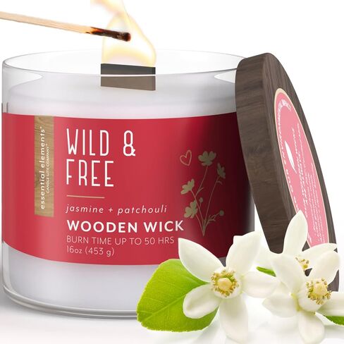 Essential Elements by Candle-lite Scented Jar Candles, Jasmine & Patchouli Fragrance, 16 oz Single Wooden Wick Aromatherapy Candle with 50 Hours of Burn Time, Holiday Gifting, and Celebration in Kuwait