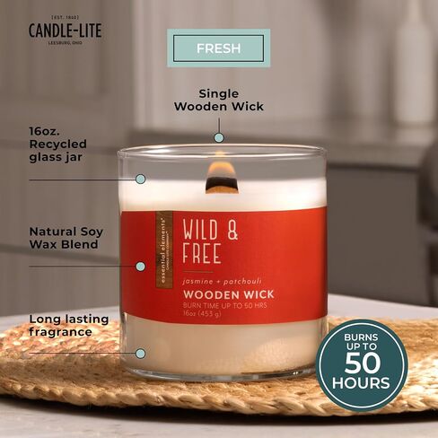 Essential Elements by Candle-lite Scented Jar Candles, Jasmine & Patchouli Fragrance, 16 oz Single Wooden Wick Aromatherapy Candle with 50 Hours of Burn Time, Holiday Gifting, and Celebration in Kuwait
