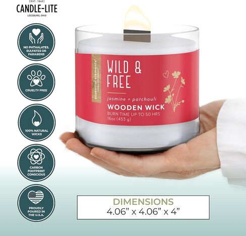 Essential Elements by Candle-lite Scented Jar Candles, Jasmine & Patchouli Fragrance, 16 oz Single Wooden Wick Aromatherapy Candle with 50 Hours of Burn Time, Holiday Gifting, and Celebration in Kuwait