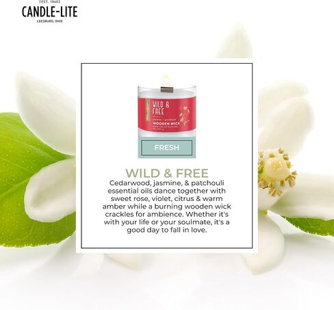 Essential Elements by Candle-lite Scented Jar Candles, Jasmine & Patchouli Fragrance, 16 oz Single Wooden Wick Aromatherapy Candle with 50 Hours of Burn Time, Holiday Gifting, and Celebration in Kuwait
