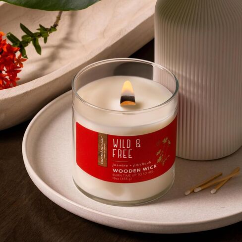 Essential Elements by Candle-lite Scented Jar Candles, Jasmine & Patchouli Fragrance, 16 oz Single Wooden Wick Aromatherapy Candle with 50 Hours of Burn Time, Holiday Gifting, and Celebration in Kuwait