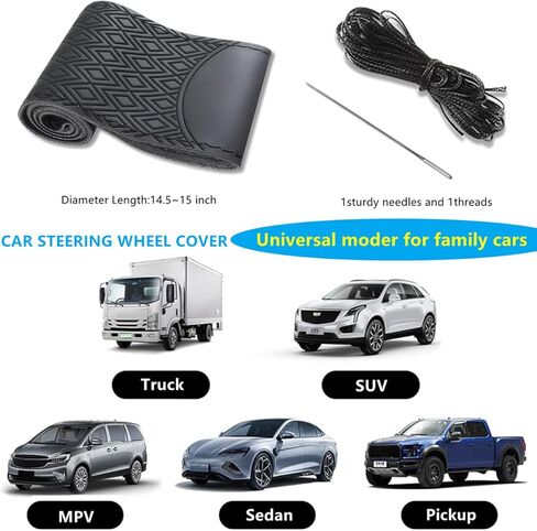 Black Leather Steering Wheel Cover, Stitch On Wrap, Breathable Cowhide Car Steering Wheel Cover, Standard Size 15 Inch (Type A) in Kuwait
