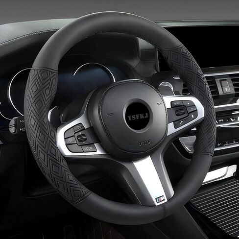 Black Leather Steering Wheel Cover, Stitch On Wrap, Breathable Cowhide Car Steering Wheel Cover, Standard Size 15 Inch (Type A) in Kuwait