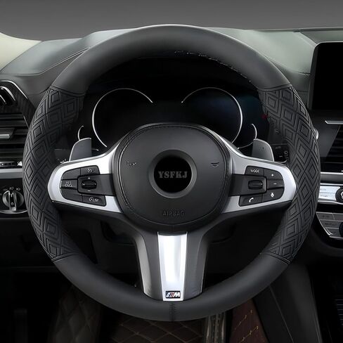 Black Leather Steering Wheel Cover, Stitch On Wrap, Breathable Cowhide Car Steering Wheel Cover, Standard Size 15 Inch (Type A) in Kuwait