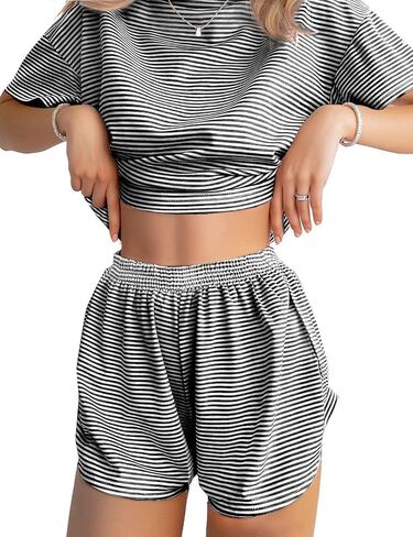 JUSTFASHIONNOW Womens Pajama Sets Shorts Striped Print Two Piece Lounge Sets Crew Neck Sleepwear Split Shorts Set Soft Pjs in Kuwait
