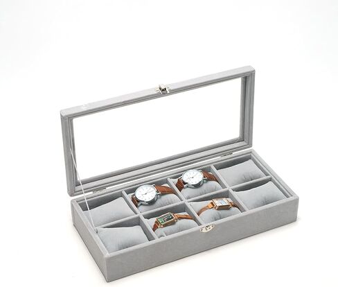 Watch Display Case Watch Organizer Watch Storage Box for Men Women Watch/Jewelry/Bracelet Box with Glass Lid for Show (Gray 4 Slot Velevt) in Kuwait
