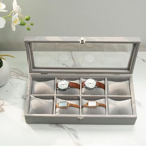 Watch Display Case Watch Organizer Watch Storage Box for Men Women Watch/Jewelry/Bracelet Box with Glass Lid for Show (Gray 4 Slot Velevt) in Kuwait