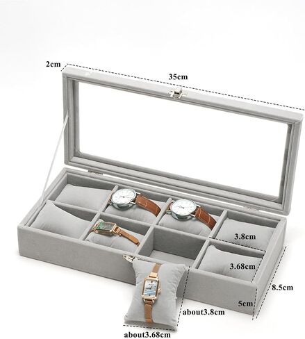 Watch Display Case Watch Organizer Watch Storage Box for Men Women Watch/Jewelry/Bracelet Box with Glass Lid for Show (Gray 4 Slot Velevt) in Kuwait