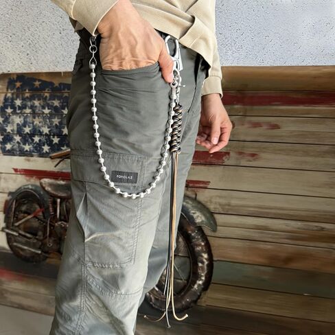 سلسلة محفظة مفتاح Ahiller Biker - 25 بوصة من الفولاذ المقاوم للصدأ بخرز على شكل كرة وحزام وجيب وسلاسل بانك مع زخرفة قلادة شرابة طويلة للرجال والنساء (LSZL-Silver-YK-1P) in Kuwait