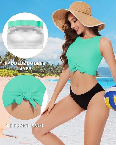 WOWENY High Neck Bikini Top Tie Knot Front Crop Top Tankini Swimsuit Swim Tops Only in Kuwait