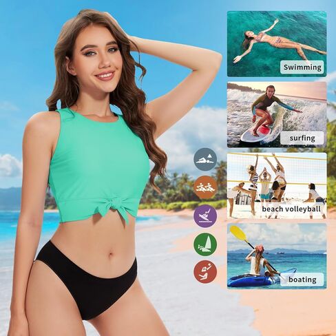 WOWENY High Neck Bikini Top Tie Knot Front Crop Top Tankini Swimsuit Swim Tops Only in Kuwait