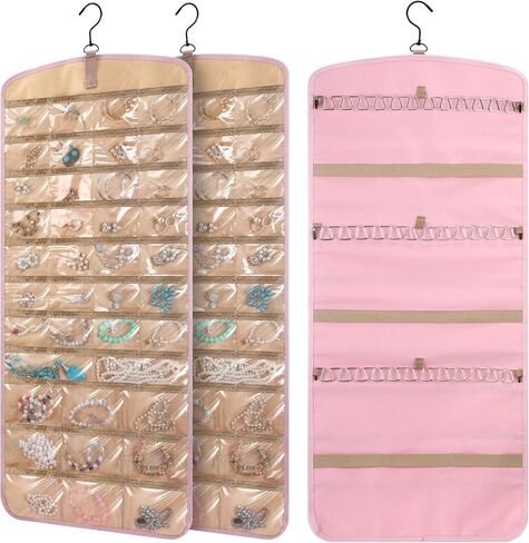 2 Pack Hanging Jewelry Organizer with 39 Pockets, 30 Necklace Hooks Double Sided Wall Mount Jewelry Holder Anti Tangle Earrings Rings Hanger Jewelry Display Bag for Wardrobe Wall Door, Black in Kuwait