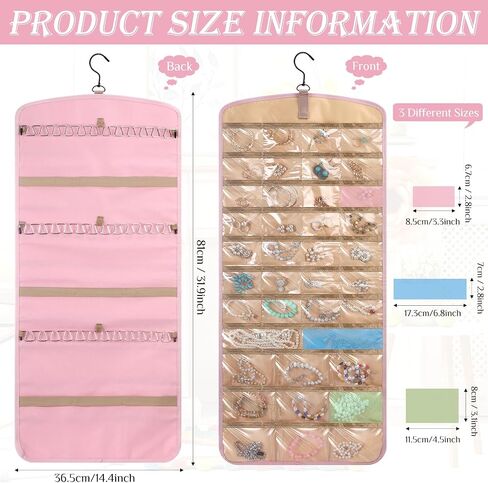 2 Pack Hanging Jewelry Organizer with 39 Pockets, 30 Necklace Hooks Double Sided Wall Mount Jewelry Holder Anti Tangle Earrings Rings Hanger Jewelry Display Bag for Wardrobe Wall Door, Black in Kuwait