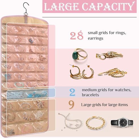 2 Pack Hanging Jewelry Organizer with 39 Pockets, 30 Necklace Hooks Double Sided Wall Mount Jewelry Holder Anti Tangle Earrings Rings Hanger Jewelry Display Bag for Wardrobe Wall Door, Black in Kuwait