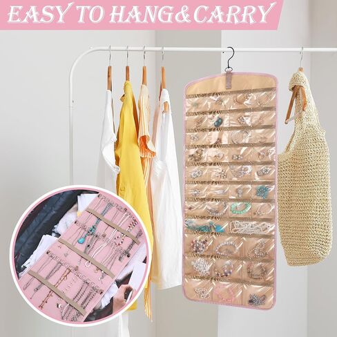 2 Pack Hanging Jewelry Organizer with 39 Pockets, 30 Necklace Hooks Double Sided Wall Mount Jewelry Holder Anti Tangle Earrings Rings Hanger Jewelry Display Bag for Wardrobe Wall Door, Black in Kuwait