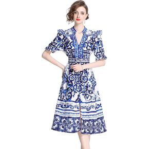 LAI MENG FIVE CATS Women's Button Up V-Neck Short Puff Sleeve Floral Print Split Casual Midi Dress in Kuwait