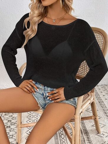 سترة نسائية SweatyRocks بأكمام طويلة ورقبة على شكل قارب وكتف منسدل وفضفاضة in Kuwait