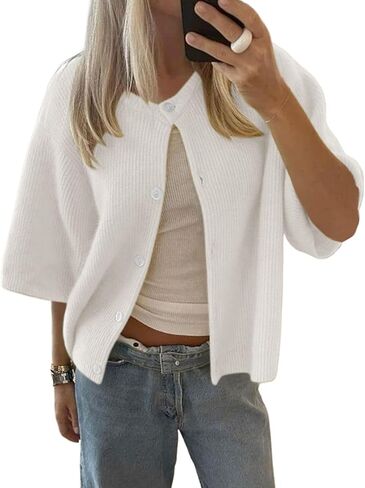 Cioatin Women Yellow Short Sleeve Button Down Crop Cardigan Sweater Y2K Oversized Aesthetic Knit Shirt Tops Preppy Girls in Kuwait