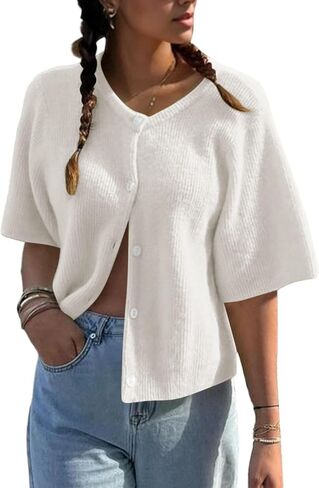 Cioatin Women Yellow Short Sleeve Button Down Crop Cardigan Sweater Y2K Oversized Aesthetic Knit Shirt Tops Preppy Girls in Kuwait