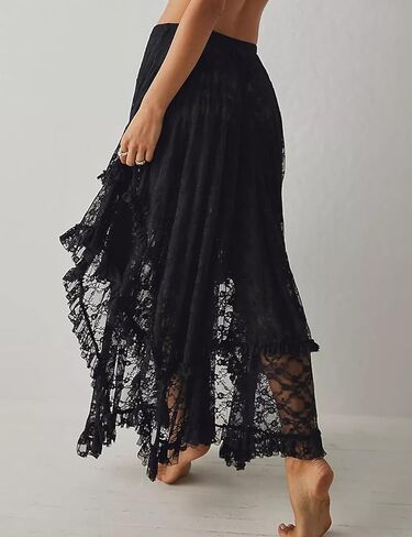 Yimoon Women's Floral Lace Long Skirts Elastic Asymmetrical Layered See-Through Maxi Skirts Sexy Sheer Flowy Beach Skirt in Kuwait