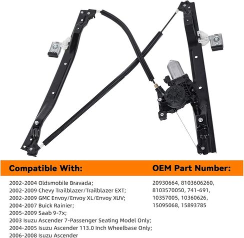 New 1pc Front Driver (Left) Side Power Window Regulator with Motor Assembly Compatible with 02-04 Bravada 02-09 Trailblazer/XL/XUV 04-07 Rainier 05-09 9-7x 03-08 Ascender 7 Seating/113in Base in Kuwait